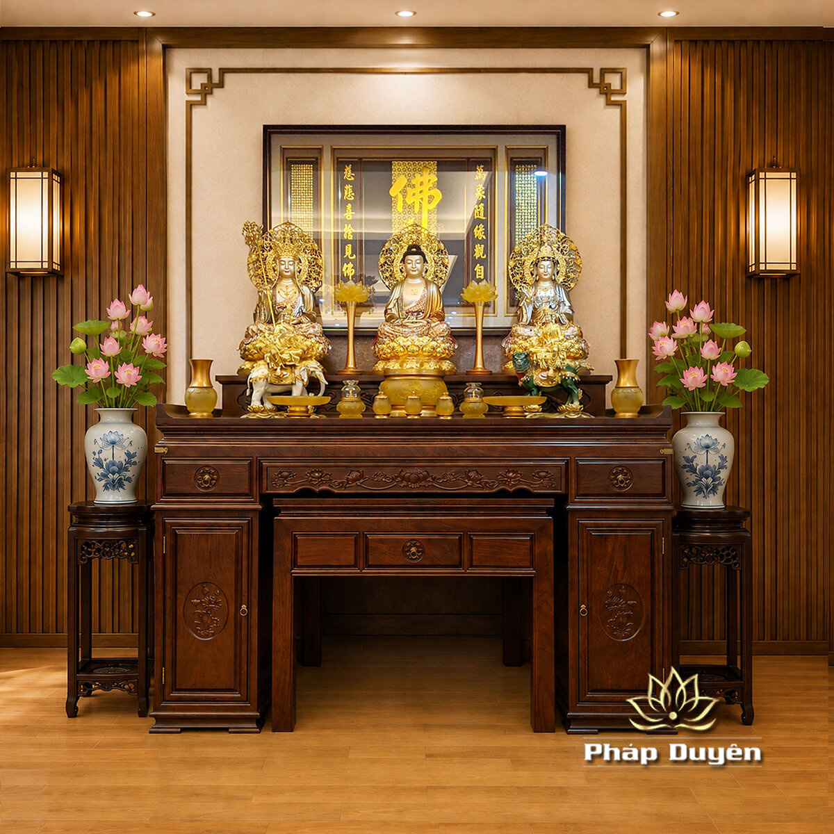 Ban Thờ Gỗ Hương Chạm Khắc Hoa Sen, Màu Nâu Óc Chó, KT 197*89*127 cm - ảnh 2