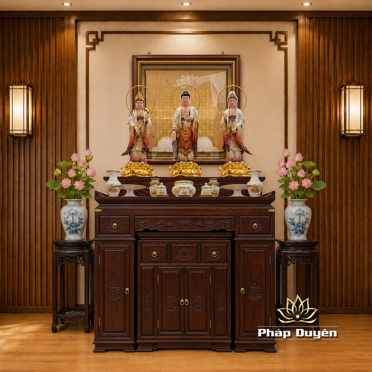 Ban Thờ Gỗ Hương Chạm Khắc Hoa Sen, Màu Nâu Đỏ Óc Chó, KT 127*68*117 cm - ảnh 2