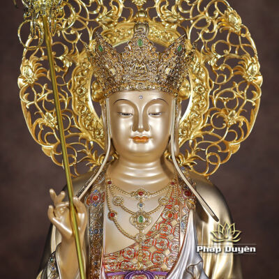 Alternative view of Tượng Địa Tạng Vương Bằng Đồng, Sơn Men Cổ Mẫn Bảo, Có Lá Đề, Cao 30-48cm