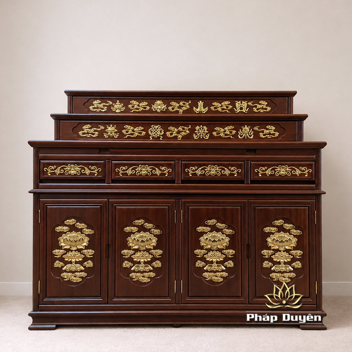 Ban Thờ Gỗ Hương Bát Bảo Liên Hoa – Màu Nâu Đỏ Óc Chó, Chạm Sen Thếp Vàng - ảnh 3
