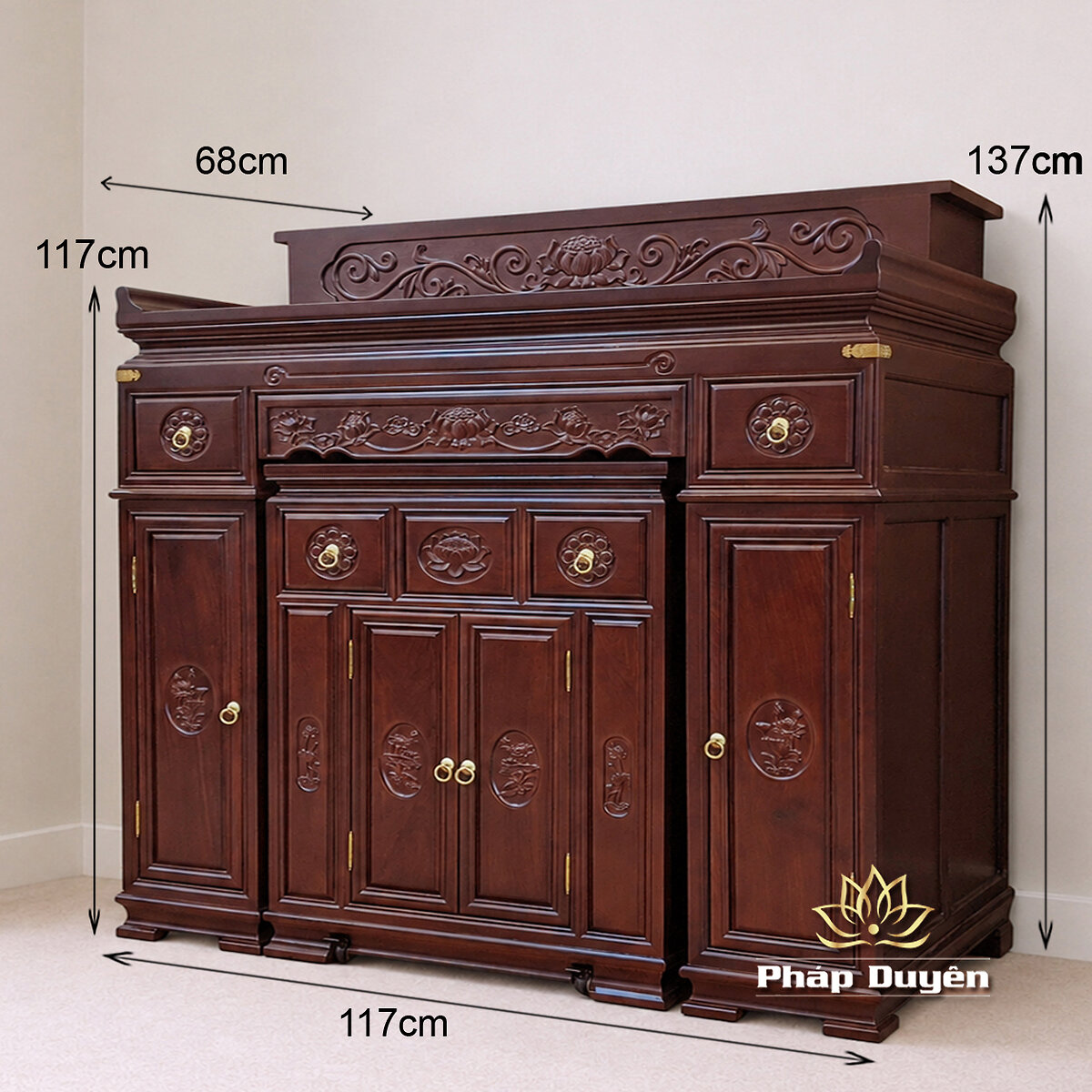 Ban Thờ Gỗ Hương Chạm Khắc Hoa Sen, Màu Nâu Đỏ Óc Chó, KT 127*68*117 cm - ảnh 6