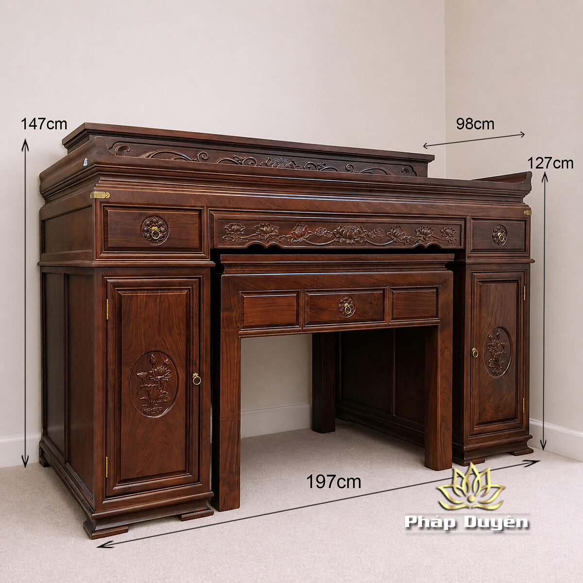 Ban Thờ Gỗ Hương Chạm Khắc Hoa Sen, Màu Nâu Óc Chó, KT 197*89*127 cm - ảnh 6
