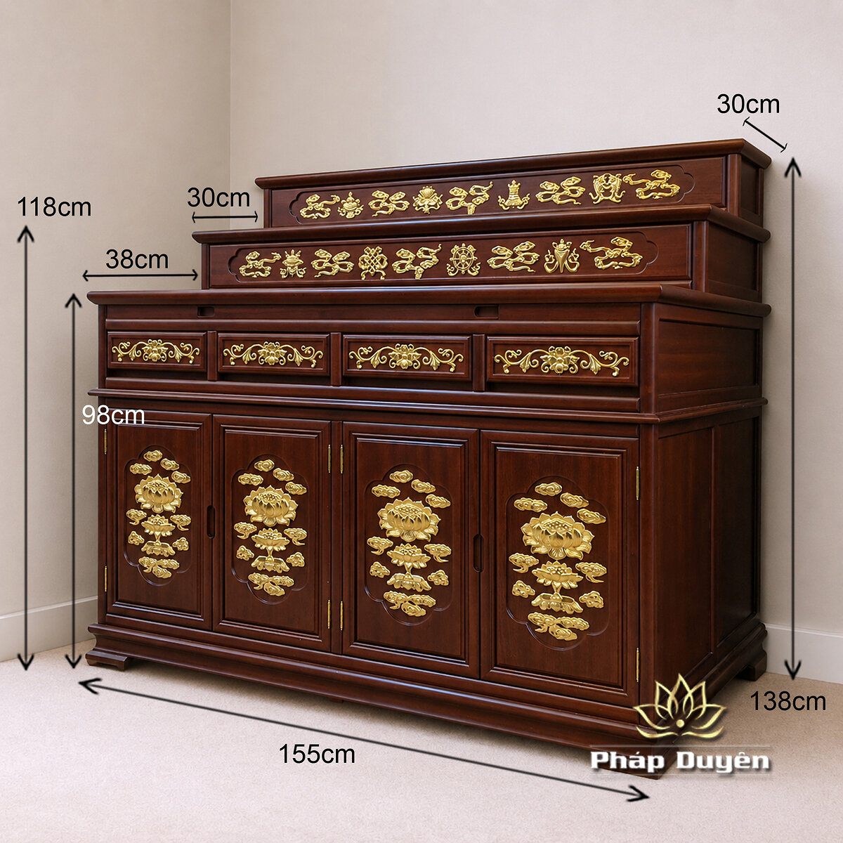 Ban Thờ Gỗ Hương Bát Bảo Liên Hoa – Màu Nâu Đỏ Óc Chó, Chạm Sen Thếp Vàng - ảnh 8