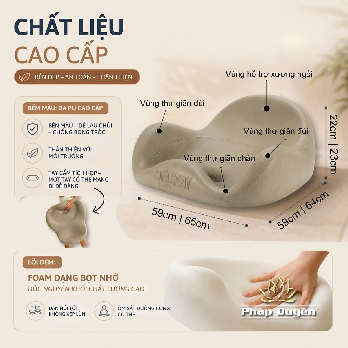 Ghế Ngồi Thiền OM SEAT, Màu Vàng Bò, Vàng Đất, Màu Nâu, Size 59X59X22, 65x64x23, - ảnh 12
