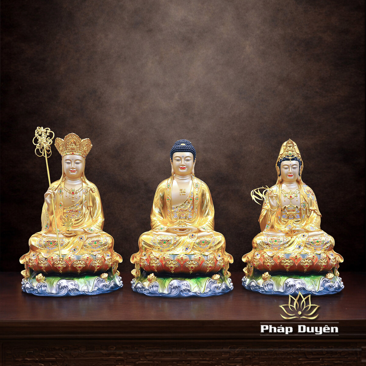 Bộ Tượng Ta Bà Tam Thánh Ngồi Non Nước, Bằng Đồng Dát Vàng, Cao 40 cm - ảnh 5