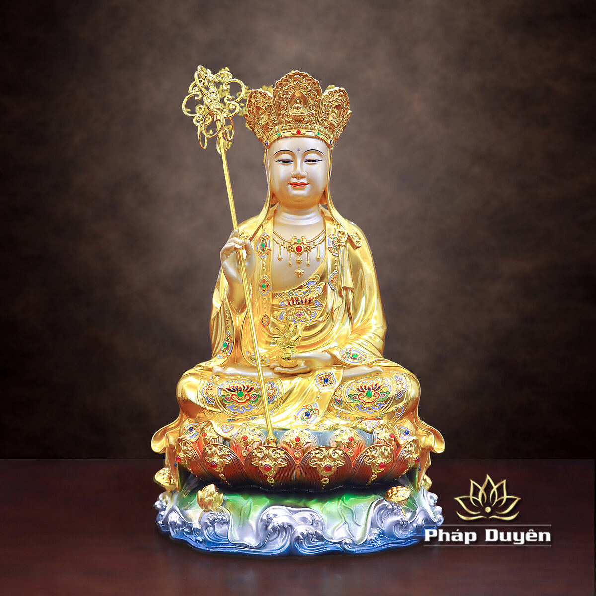 Bộ Tượng Ta Bà Tam Thánh Ngồi Non Nước, Bằng Đồng Dát Vàng, Cao 40 cm - ảnh 11