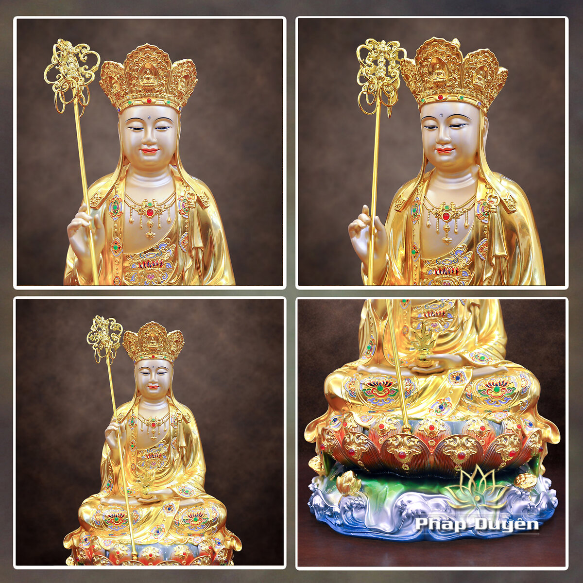 Bộ Tượng Ta Bà Tam Thánh Ngồi Non Nước, Bằng Đồng Dát Vàng, Cao 40 cm - ảnh 12